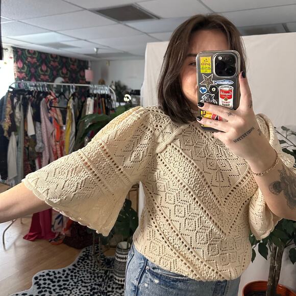 ba&sh Claire Pointelle Bell Sleeve Cotton Eyelet Sweater Off White Size Medium - Picture 5 of 5